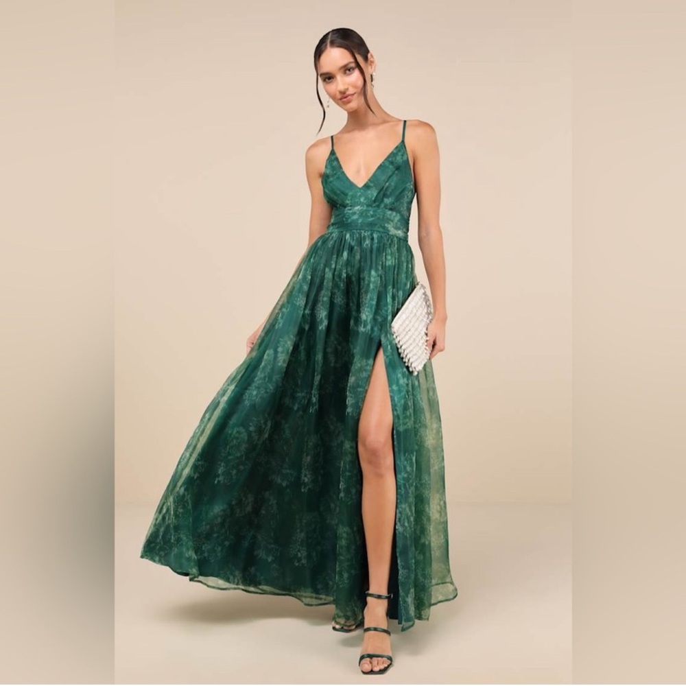 Lulus-Romance That Wows Green Floral Print Organza Maxi Dress (M)
